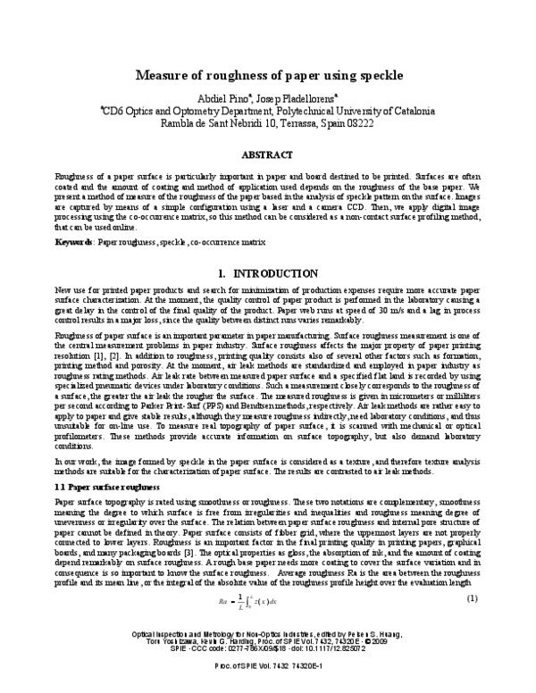 (PDF) Measure of roughness of paper using speckle