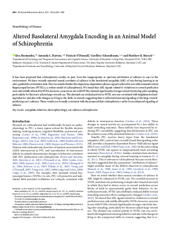 (PDF) Altered Basolateral Amygdala Encoding in an Animal Model of ...