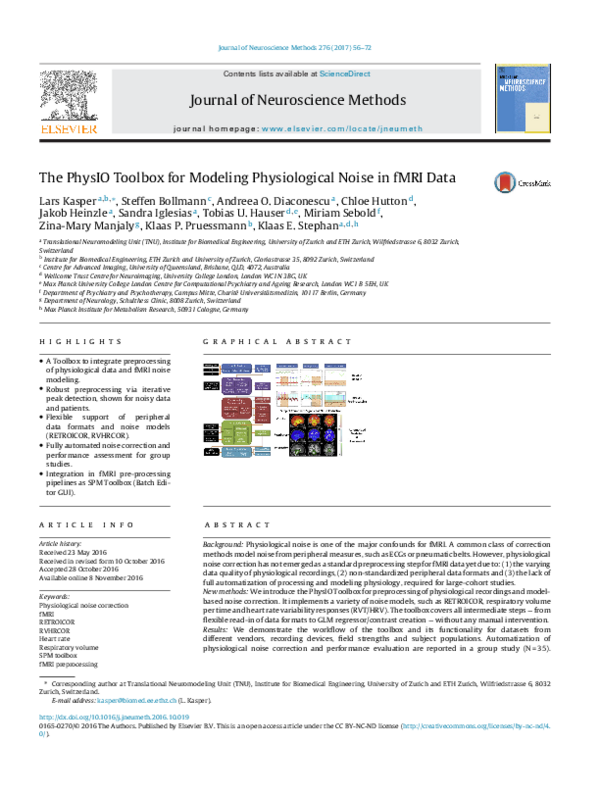 (PDF) The PhysIO Toolbox for Modeling Physiological Noise in fMRI Data