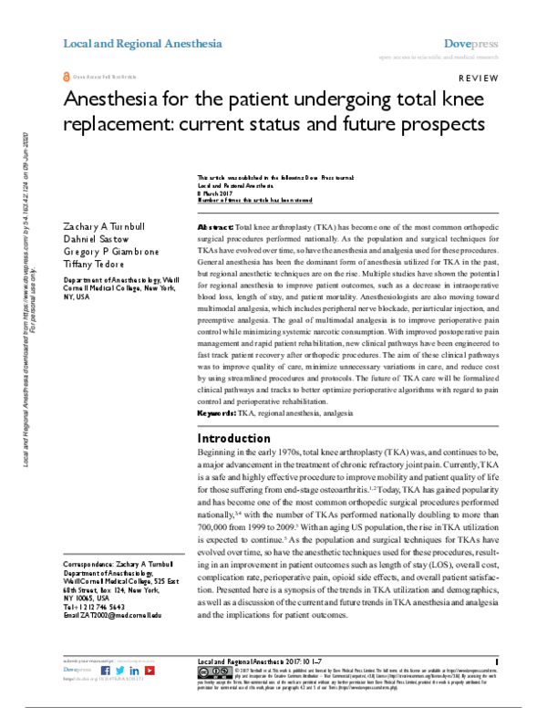 (PDF) Anesthesia for the patient undergoing total knee replacement ...