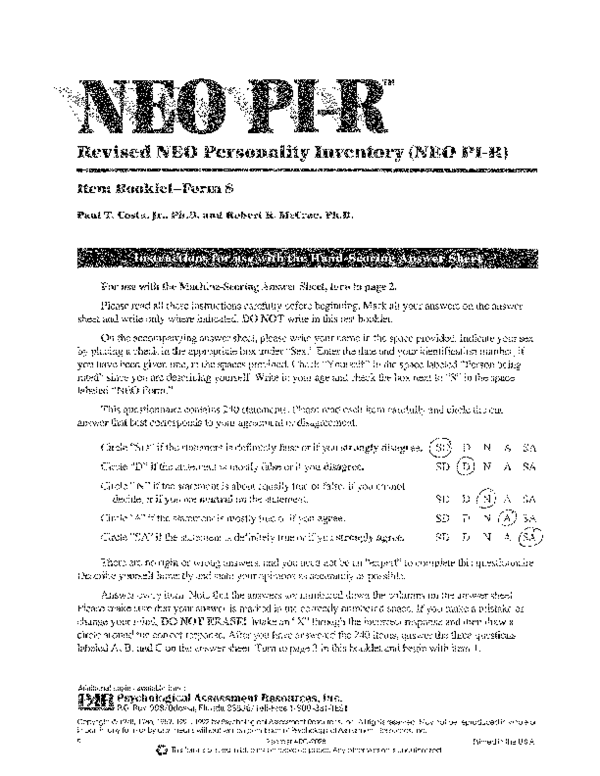 (PDF) NEO Personality Inventory, Revised Edition: Item Booklet - Gender ...