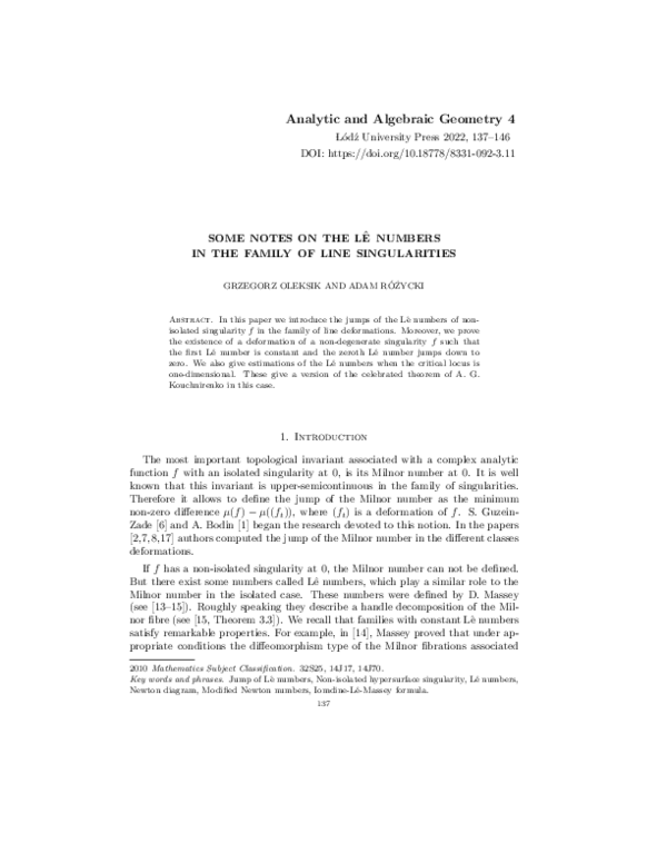 (PDF) Some notes on the Lê numbers in the family of line singularities