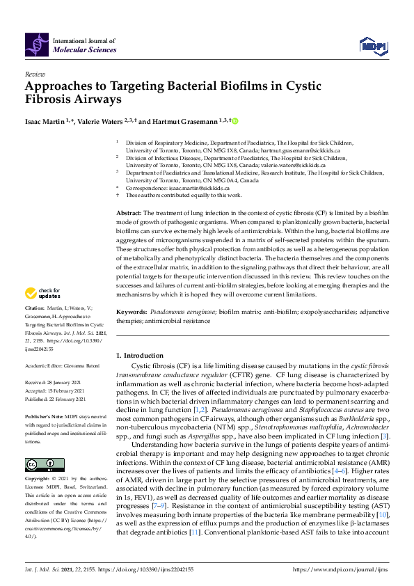 (PDF) Approaches to Targeting Bacterial Biofilms in Cystic Fibrosis Airways