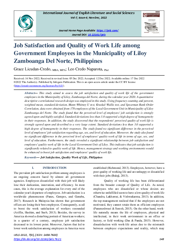 (PDF) Job Satisfaction and Quality of Work Life among Government ...