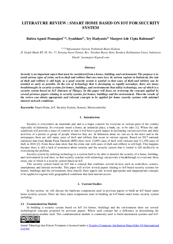 (PDF) LITERATURE REVIEW SMART HOME BASED ON IOT FOR SECURITY SYSTEM
