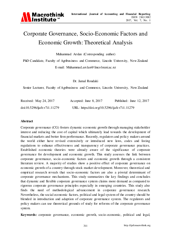 (PDF) Corporate Governance, Socio-Economic Factors and Economic Growth ...