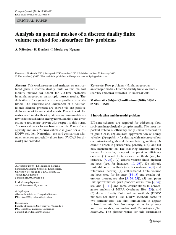 (PDF) Analysis on general meshes of a discrete duality finite volume ...
