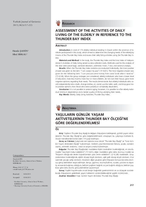 (PDF) Assessment of the Activities of Daily Living of the Elderly in ...