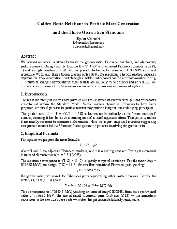 (PDF) Golden Ratio Relations in Particle Mass Generation and the Three ...