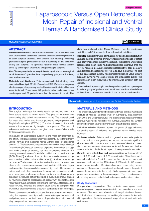 (PDF) Laparoscopic Versus Open Retrorectus Mesh Repair of Incisional ...