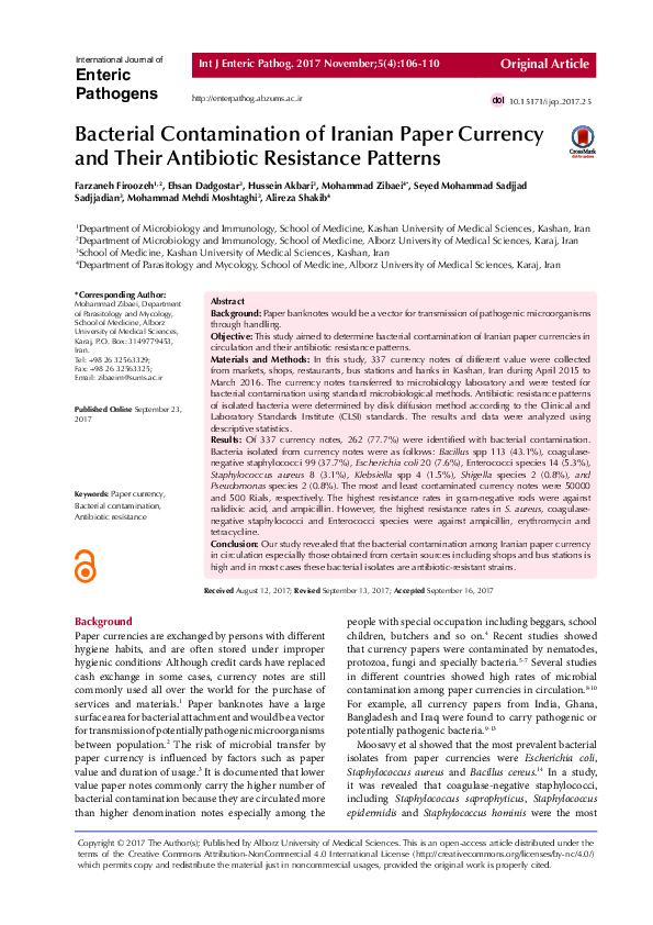 (PDF) Bacterial Contamination of Iranian Paper Currency and Their ...