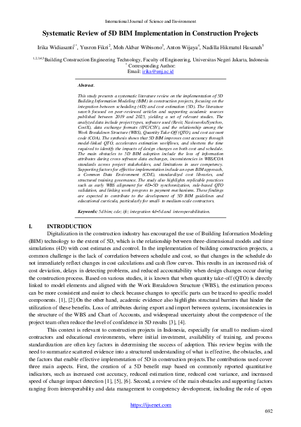 (PDF) Systematic Review of 5D BIM Implementation in Construction Projects