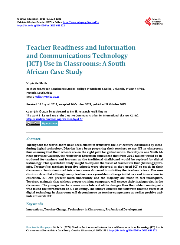 (PDF) Teacher Readiness and Information and Communications Technology ...