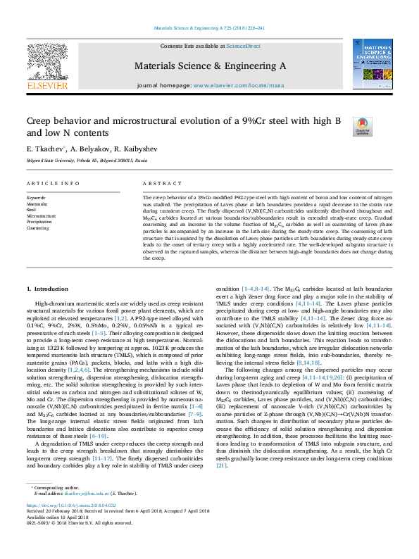 (PDF) Creep behavior and microstructural evolution of a 9%Cr steel with ...