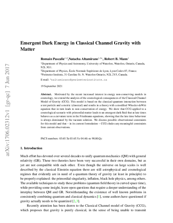 (PDF) Emergent Dark Energy in Classical Channel Gravity with Matter