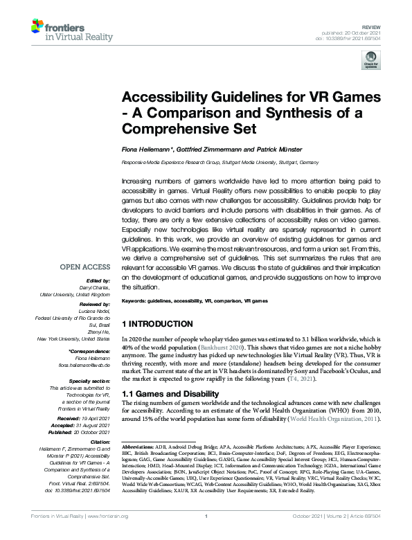 (PDF) Accessibility Guidelines for VR Games - A Comparison and ...