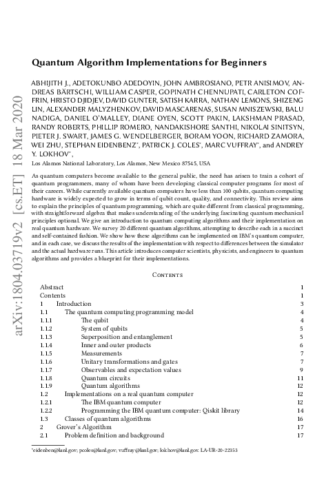(PDF) Quantum Algorithm Implementations for Beginners