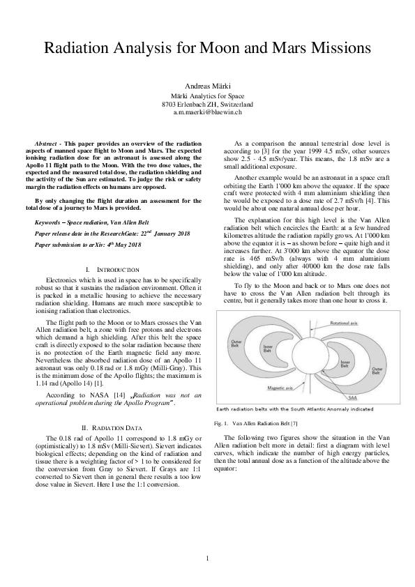(PDF) Radiation Analysis for Moon and Mars Missions