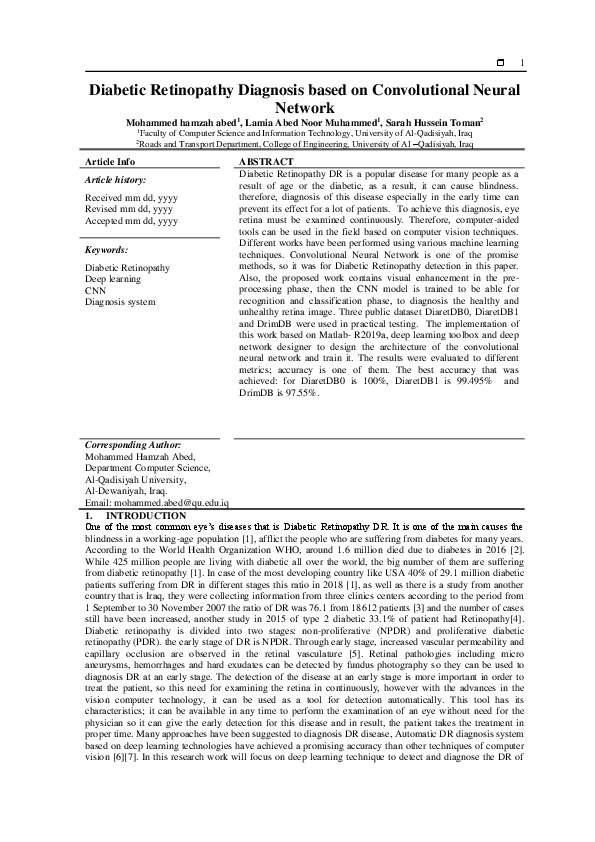 (PDF) Diabetic Retinopathy Diagnosis based on Convolutional Neural Network