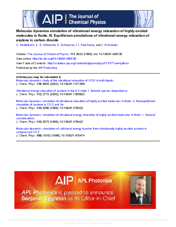(PDF) Molecular dynamics simulation of vibrational energy relaxation of ...