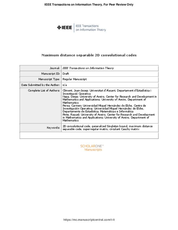 (PDF) Maximum Distance Separable 2D Convolutional Codes