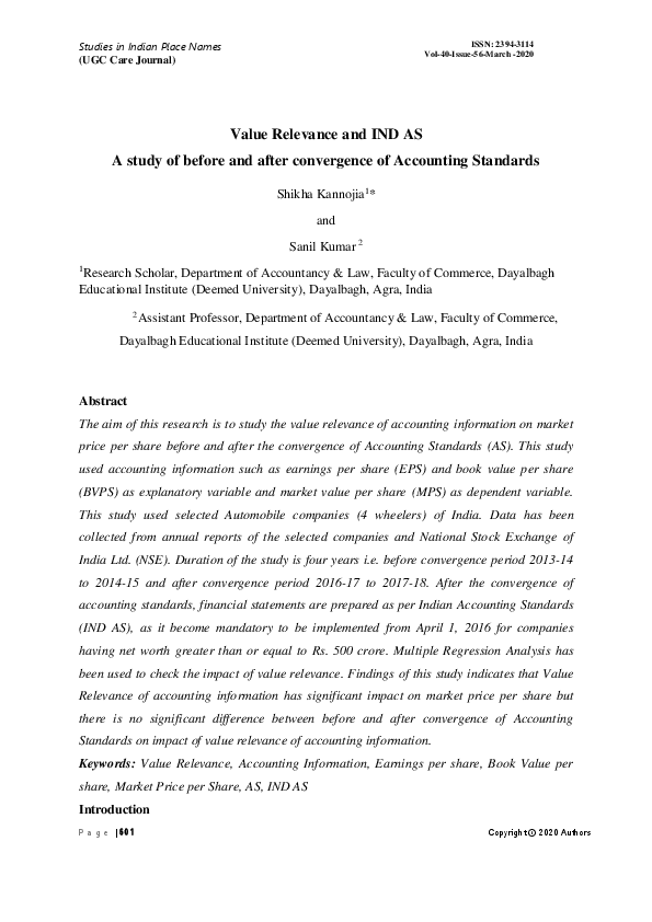 (PDF) Value Relevance and IND AS A study of before and after ...