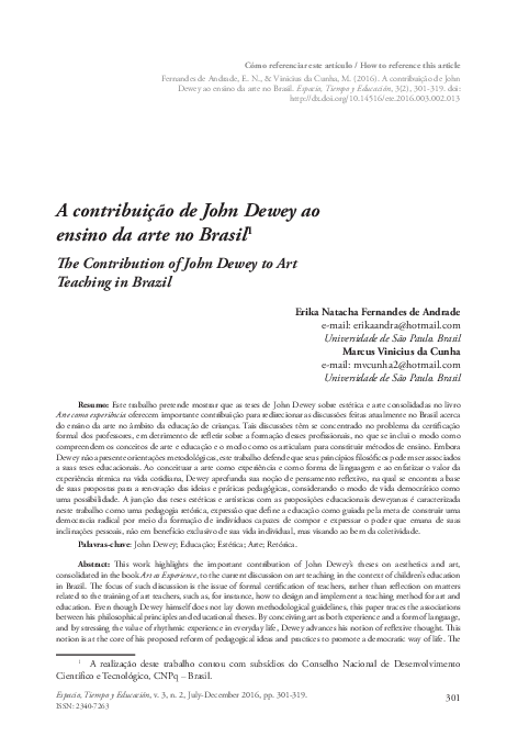 (PDF) A contribuição de John Dewey ao ensino da arte no Brasil