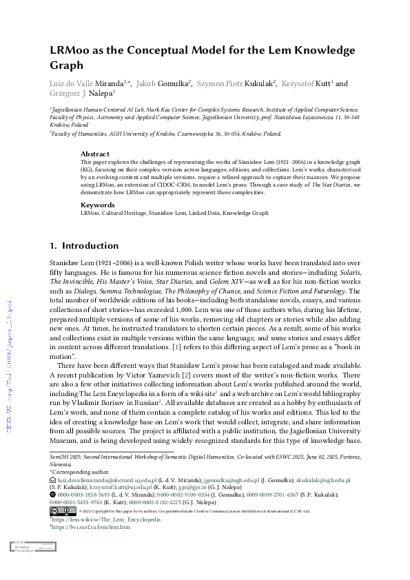 (PDF) LRMoo as the Conceptual Model for the Lem Knowledge Graph
