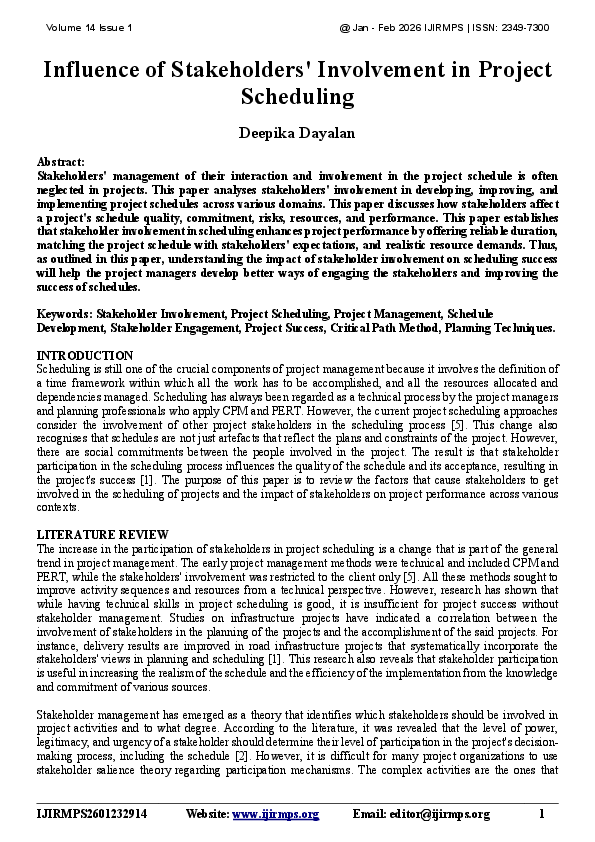 (PDF) Influence of Stakeholders' Involvement in Project Scheduling