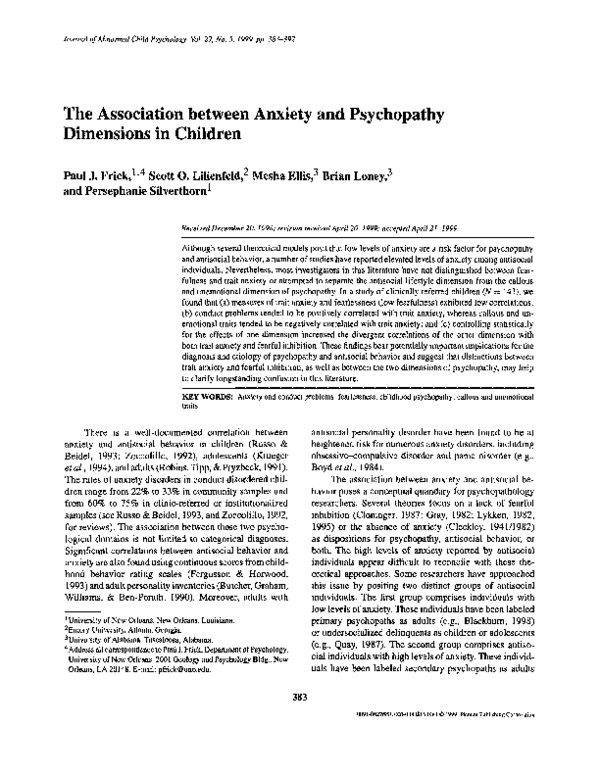 (PDF) The Association between Anxiety and Psychopathy Dimensions in ...