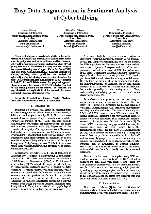(PDF) Easy Data Augmentation in Sentiment Analysis of Cyberbullying