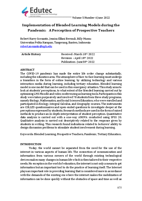 (PDF) Implementation of Blended Learning Models during the Pandemic