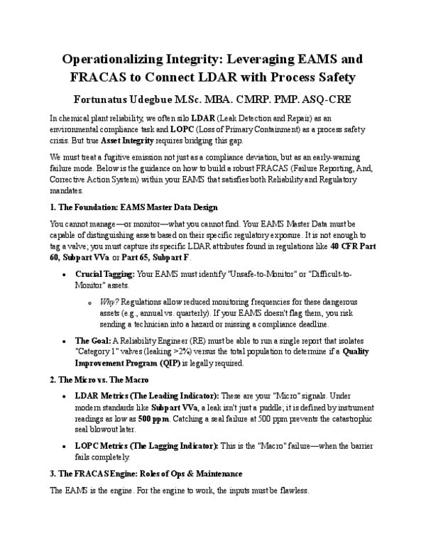 (PDF) Operationalizing Integrity: Leveraging EAMS and FRACAS to Connect ...