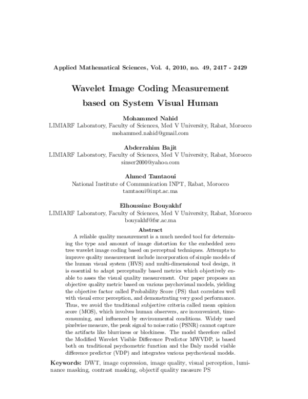 (PDF) Wavelet Image Coding Measurement based on System Visual Human