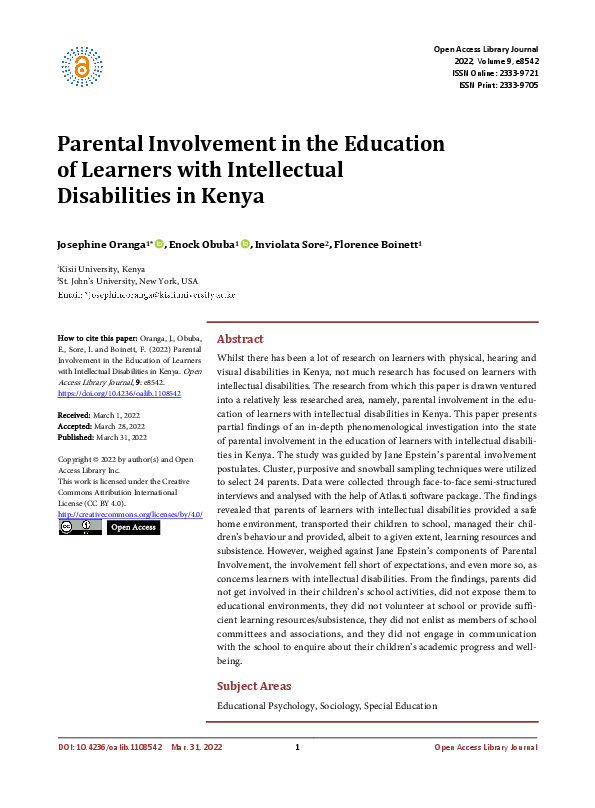 (PDF) Parental Involvement in the Education of Learners with ...