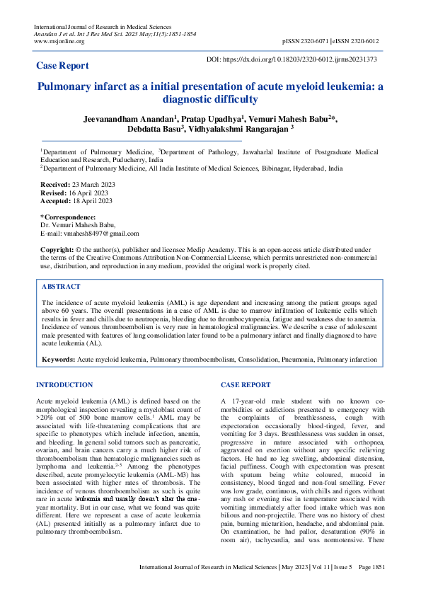 (PDF) Pulmonary infarct as a initial presentation of acute myeloid ...