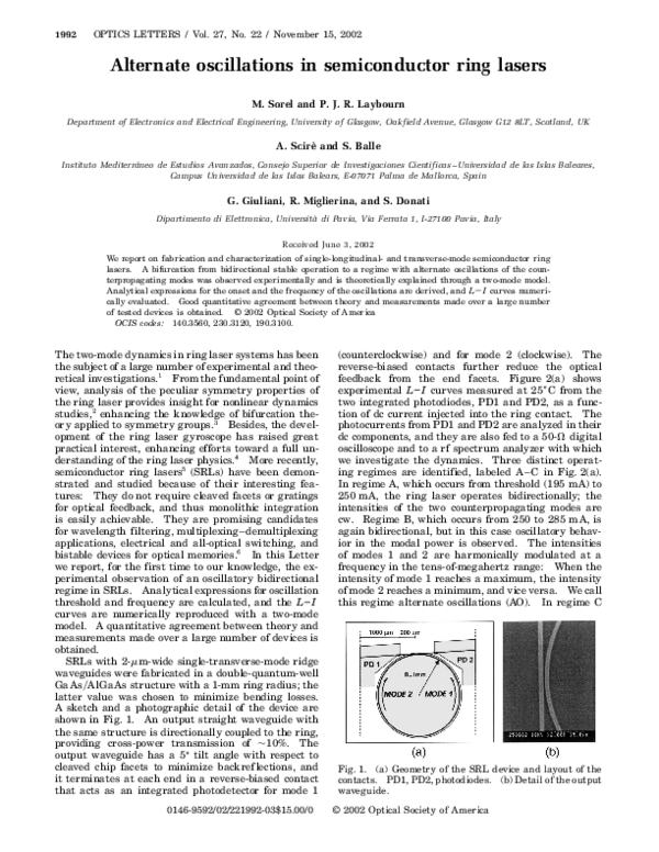 (PDF) Alternate oscillations in semiconductor ring lasers