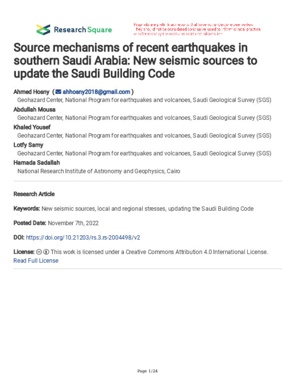 (PDF) Source mechanisms of recent earthquakes in southern Saudi Arabia ...