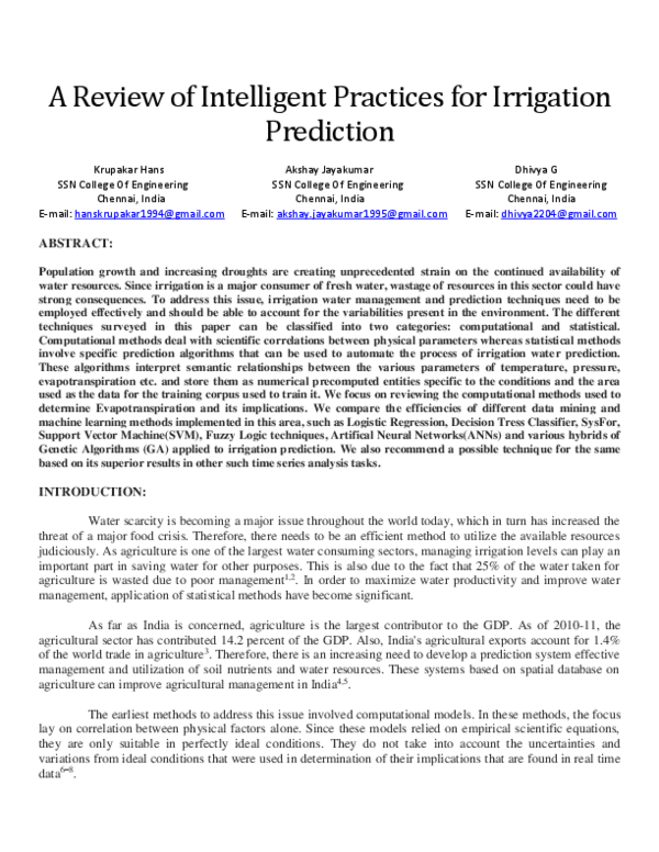 (PDF) A Review of Intelligent Practices for Irrigation Prediction