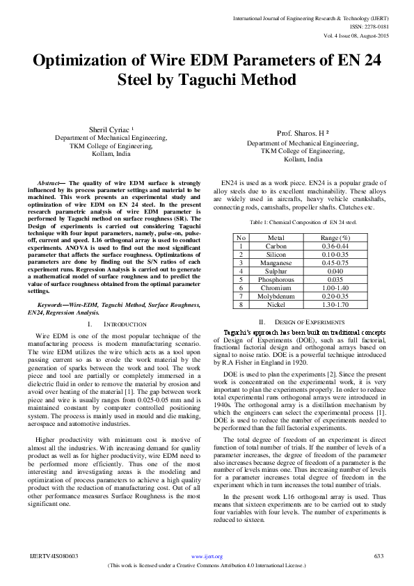 (PDF) Optimization of Wire EDM Parameters of EN 24 Steel by Taguchi Method