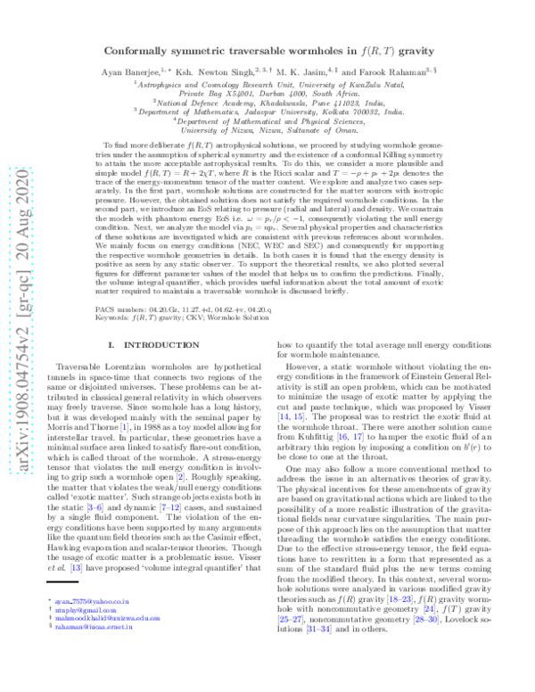 (PDF) Conformally symmetric traversable wormholes in $f(R,T)$ gravity