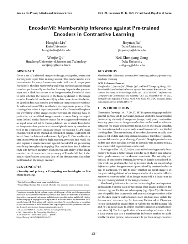 (PDF) EncoderMI: Membership Inference against Pre-trained Encoders in ...