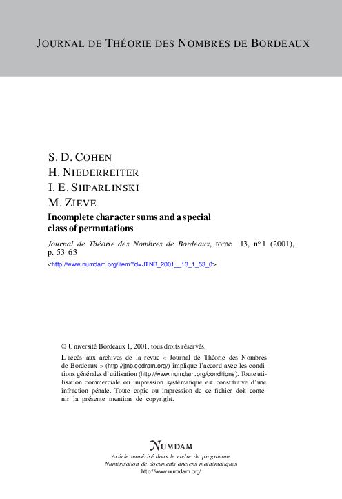 (PDF) Incomplete character sums and a special class of permutations