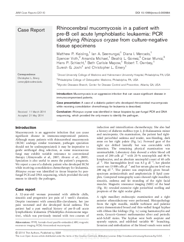 (PDF) Rhinocerebral mucormycosis in a patient with pre‐B cell acute ...