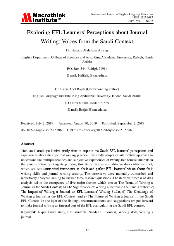(PDF) Exploring EFL Learners’ Perceptions about Journal Writing: Voices ...