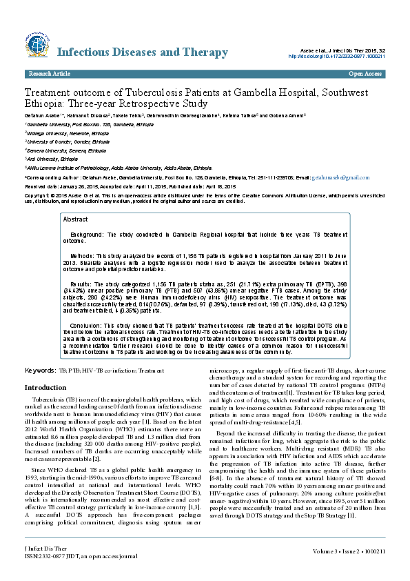 (PDF) Treatment outcome of Tuberculosis Patients at Gambella Hospital ...