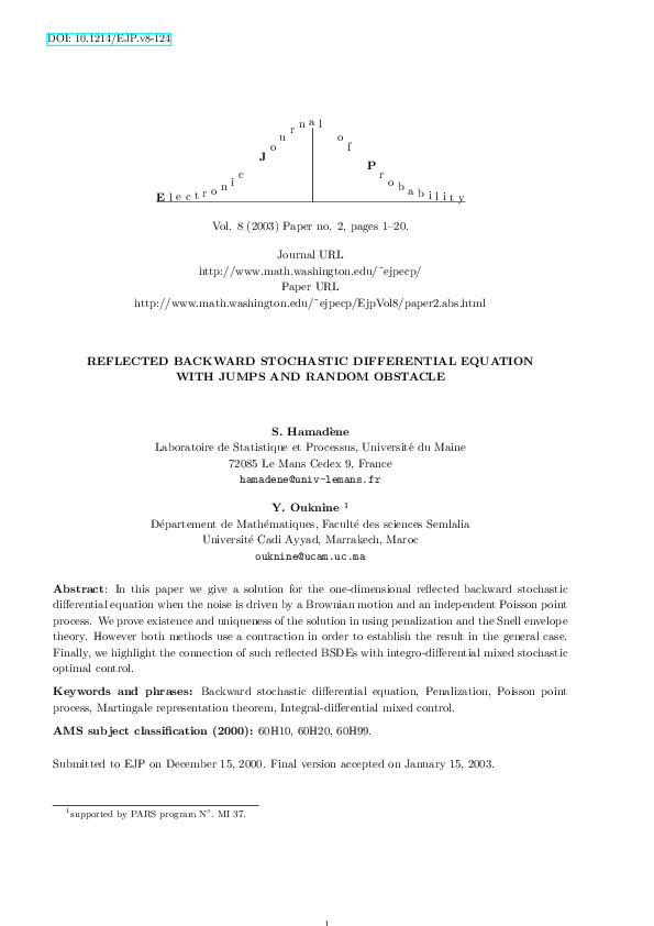 (PDF) Reflected Backward Stochastic Differential Equation with Jumps ...