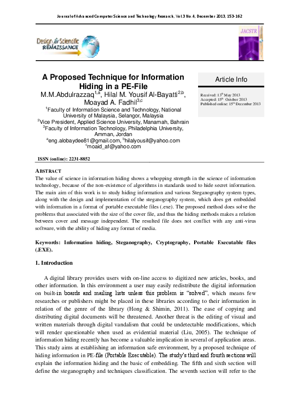 (PDF) A Proposed Technique for Information Hiding In a PE-File