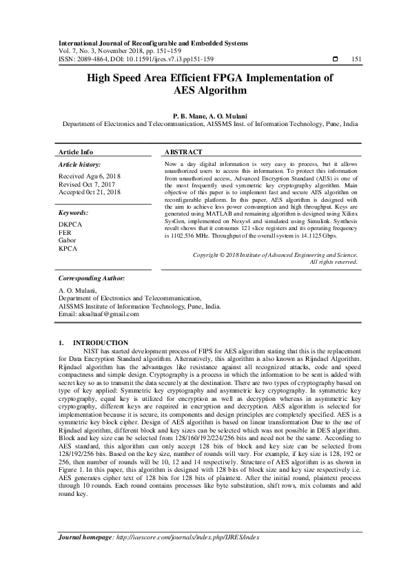 (PDF) High Speed Area Efficient FPGA Implementation of AES Algorithm