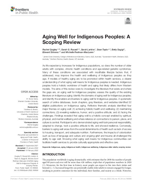 (PDF) Aging Well for Indigenous Peoples: A Scoping Review